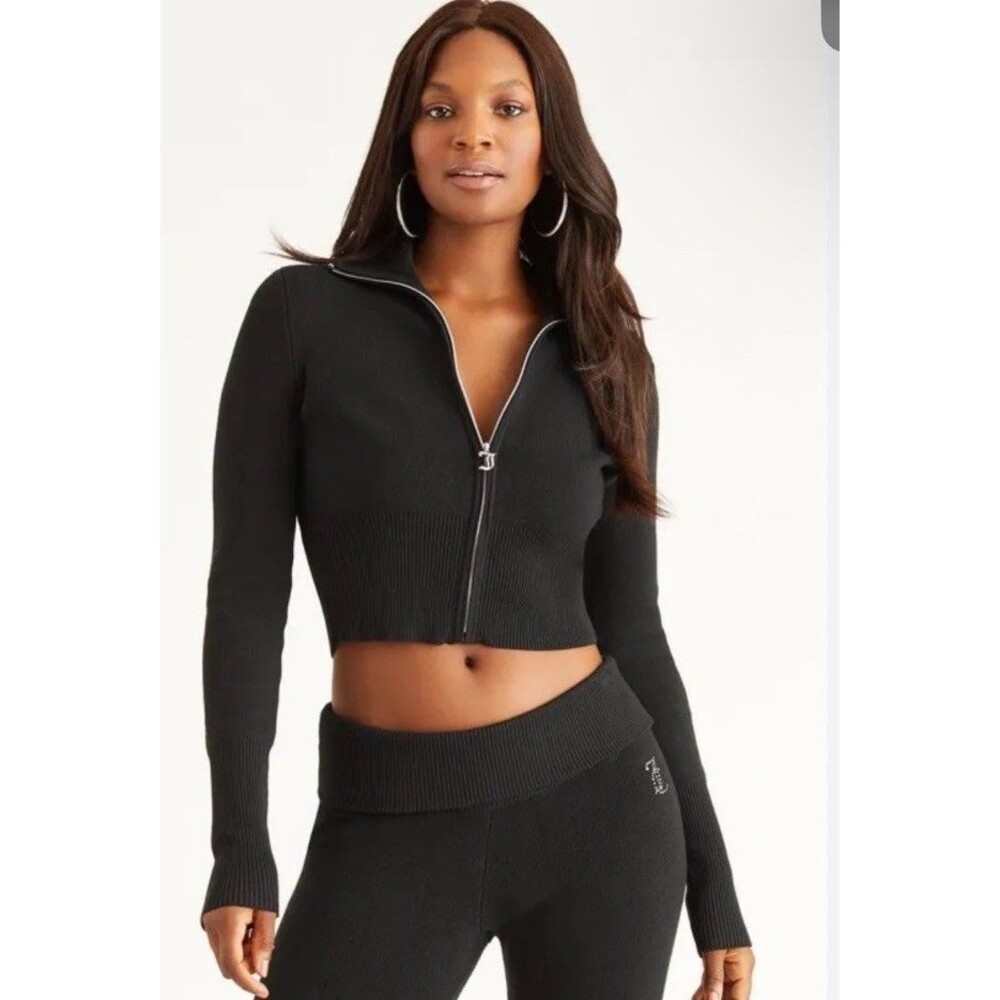 JUICY COUTURE Black Bling Knit Cropped Jacket - Size S - Rhinestone Sleeve